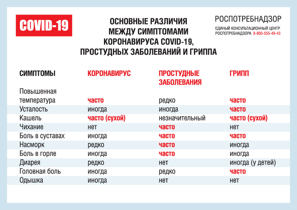 Как различиются основные симптомы коронавируса COVID-19, простудных заболеваний и гриппа