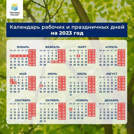 Календарь рабочих и выходных дней на 2023 год опубликовал Минтруд России
